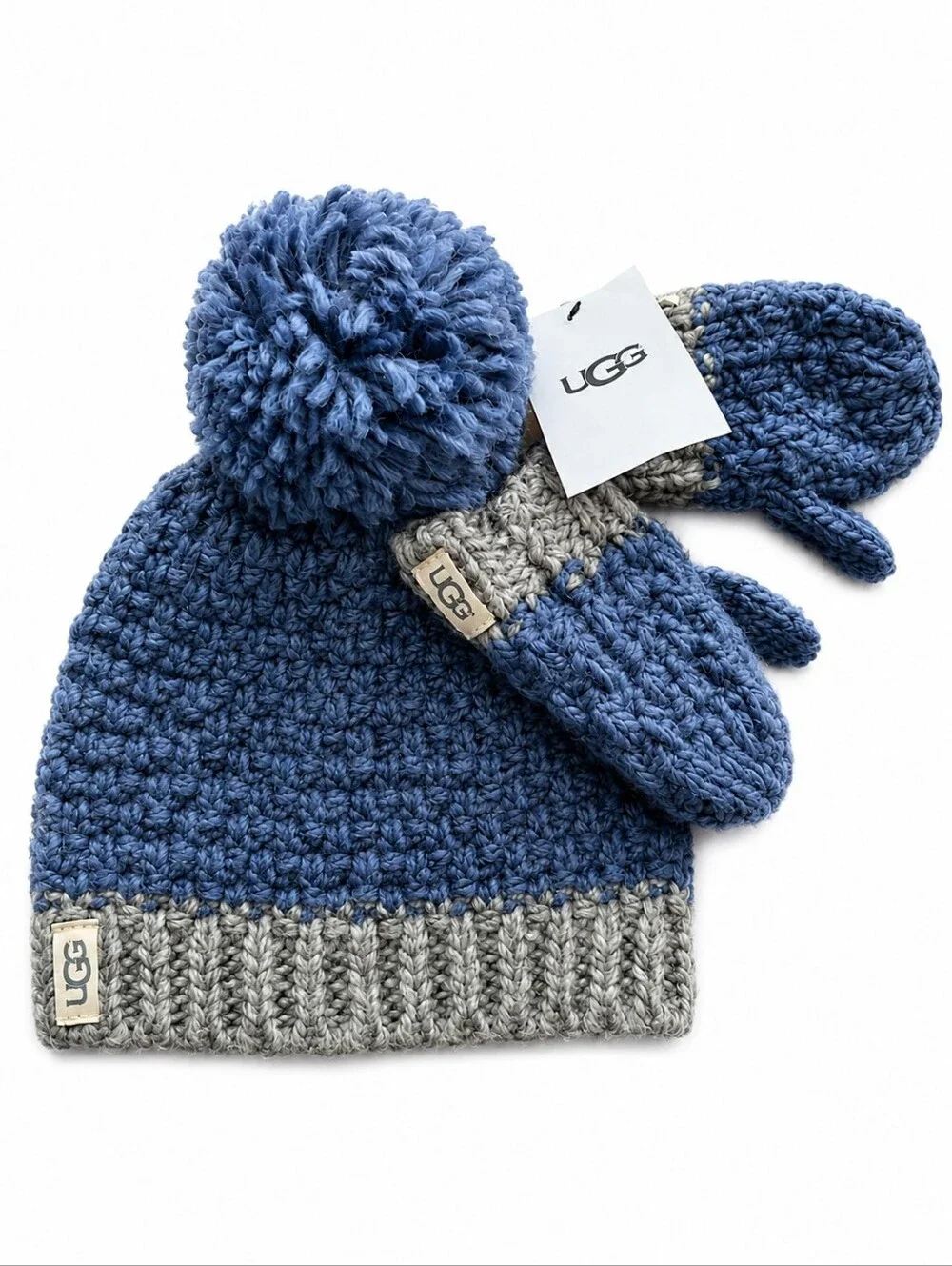 NWT UGG Infant Blue And Gray Knit Hat And Mitten Set